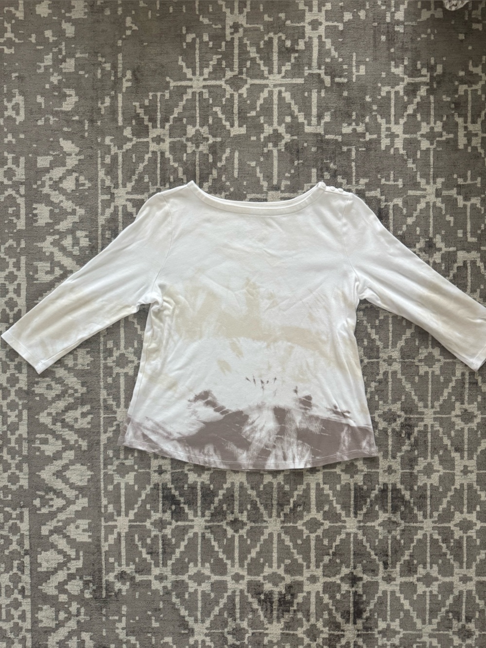 Charter Club Supima Cotton Tie Dye 3/4 Sleeve Top White Taupe M